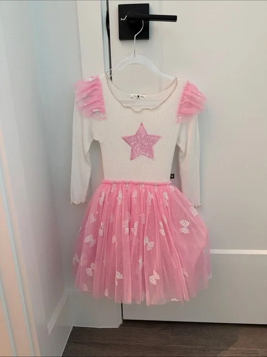 Girls Pink Star Tulle Dance Dress with Long Sleeves